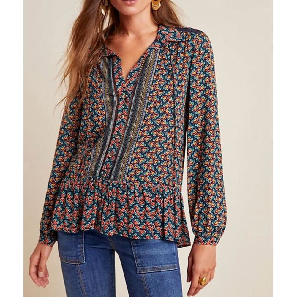 Anthropologie Maeve Janie Flounced Peasant Blouse Size 6 Long Sleeve Button Up